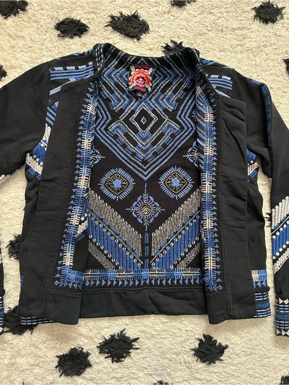Johnny Was sz Small french Terry mixed media embroidered blue no button jacket - Picture 9 of 16